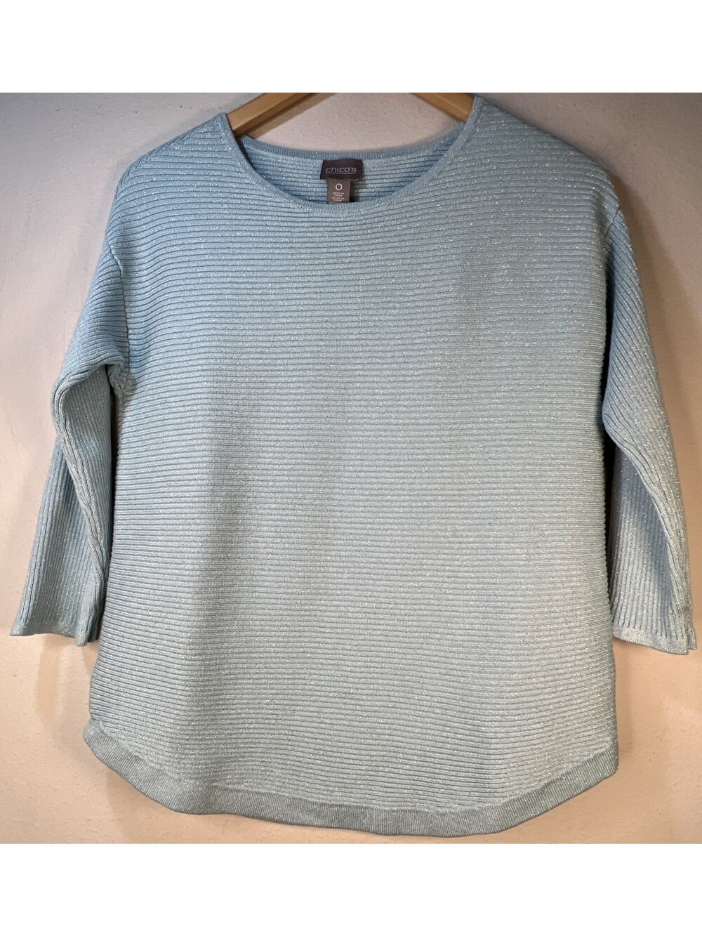 Chico's 0 Chicos Small Light Blue Sparkle Top 3/4 Dolman Sleeve Sweater